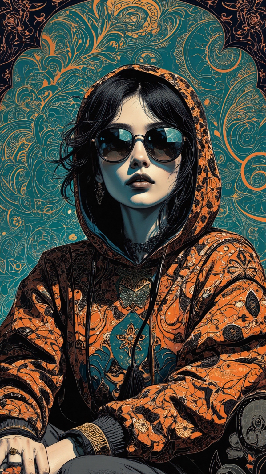A stylized retro-futurism fashion portrait of a woman wearing