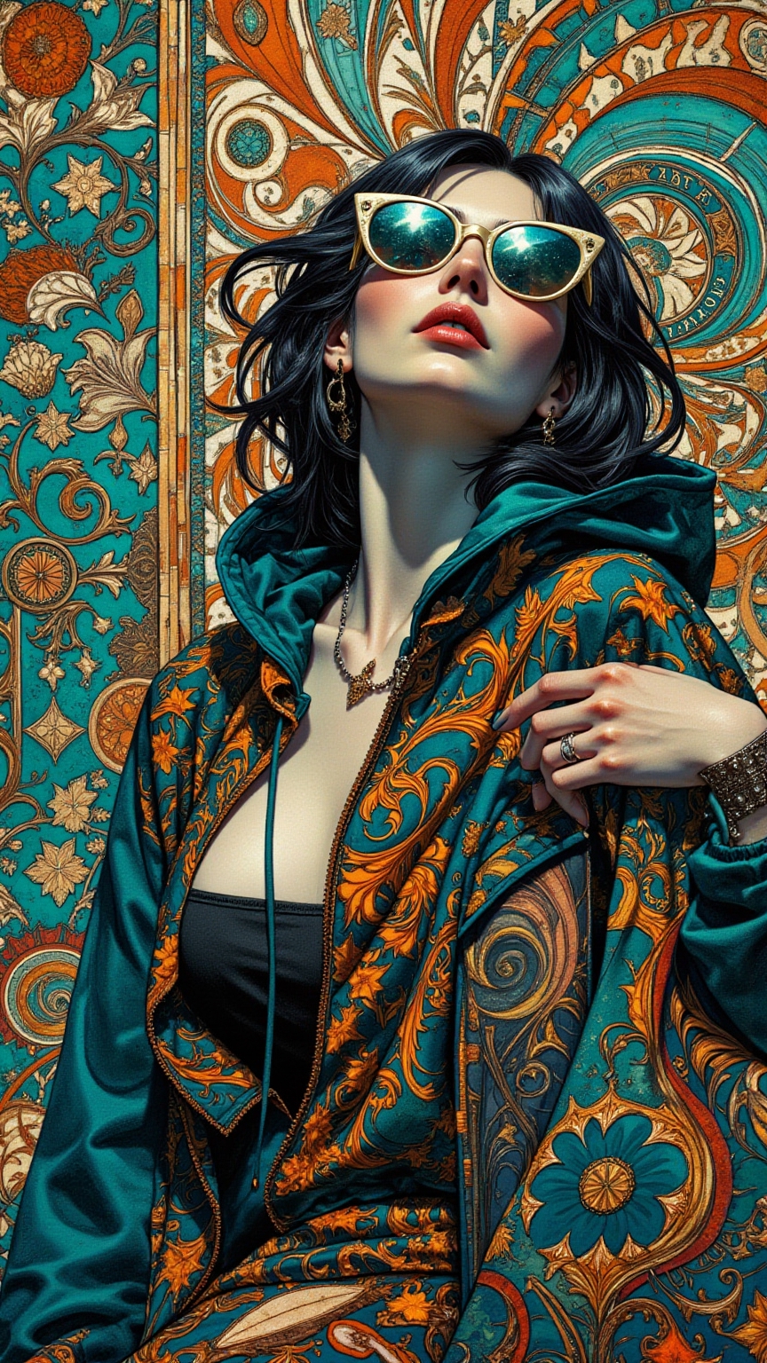A stylized retro-futurism fashion portrait of a woman wearing
