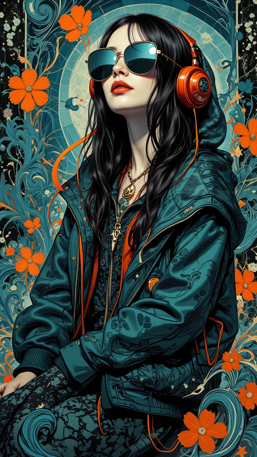 A stylized retro-futurism fashion portrait of a woman wearing