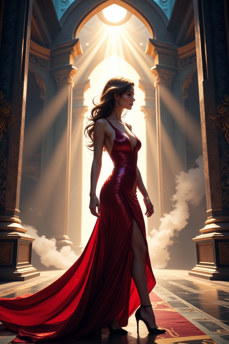 A beautiful traveler standing in the majestic hall of