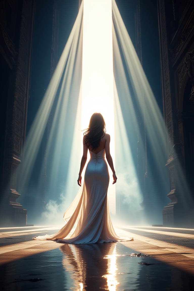 A mysterious female traveler standing in a grand sacred