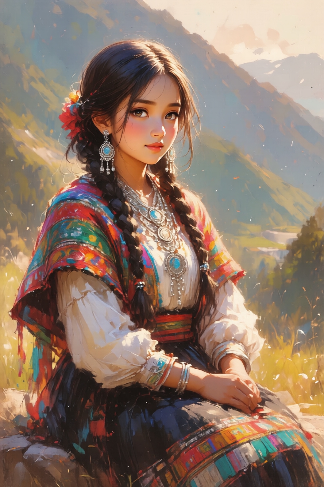 Elegant portrait of a young woman wearing traditional Andean