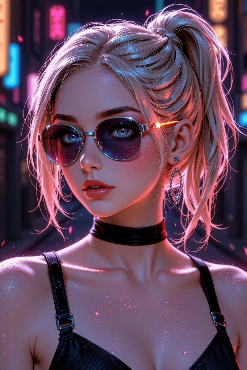 A woman in sunglasses with neon lights on her