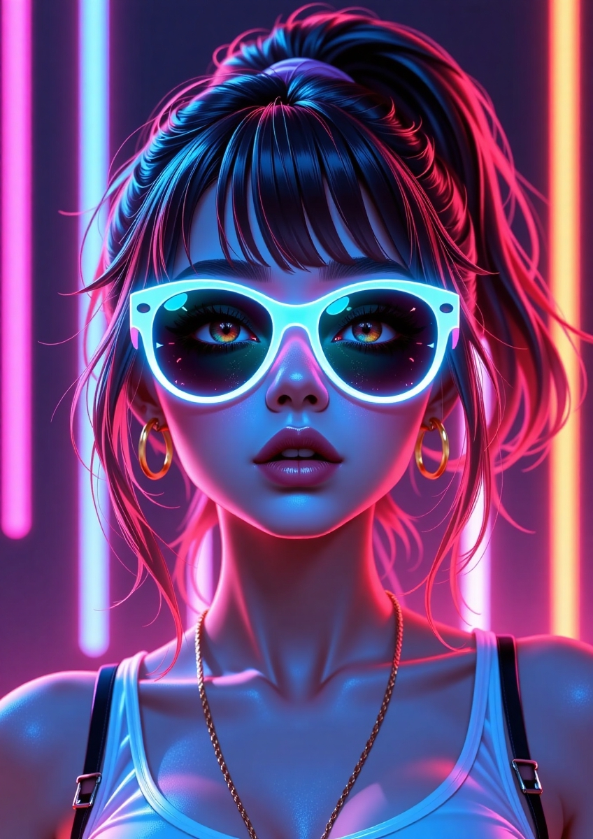 A woman wearing sunglasses with neon lights on her