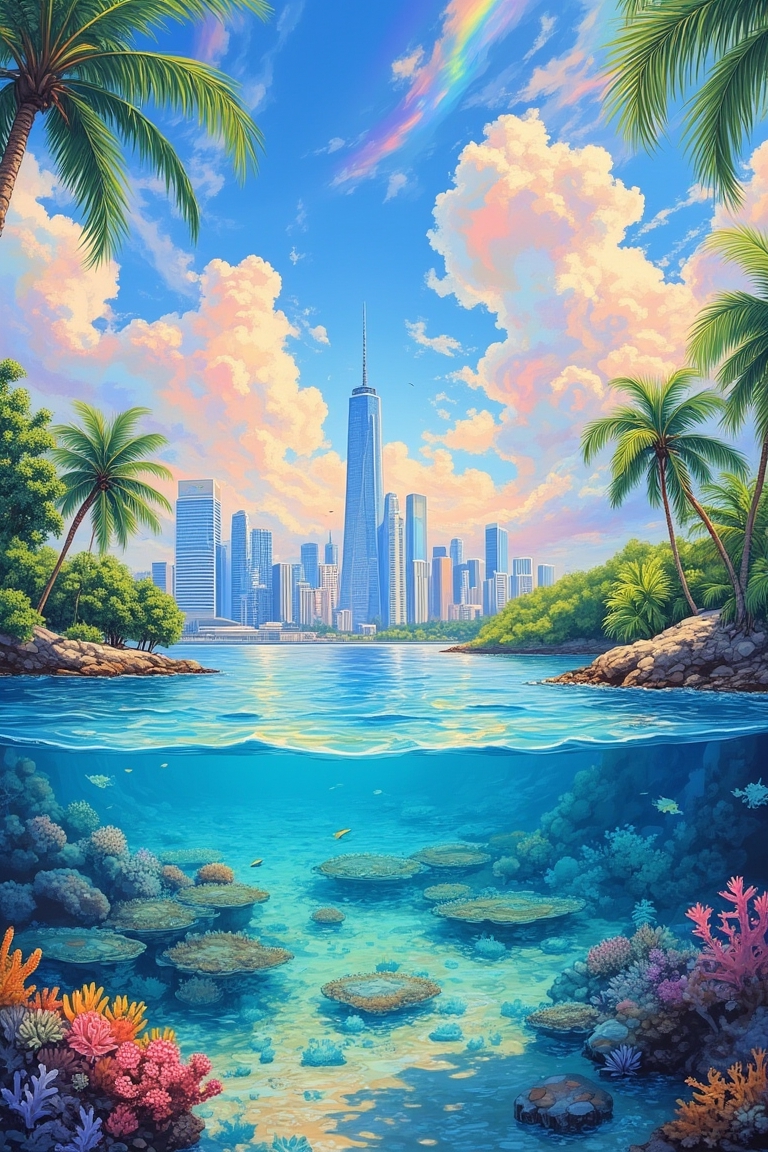 Create a painting of a tranquil tropical lagoon