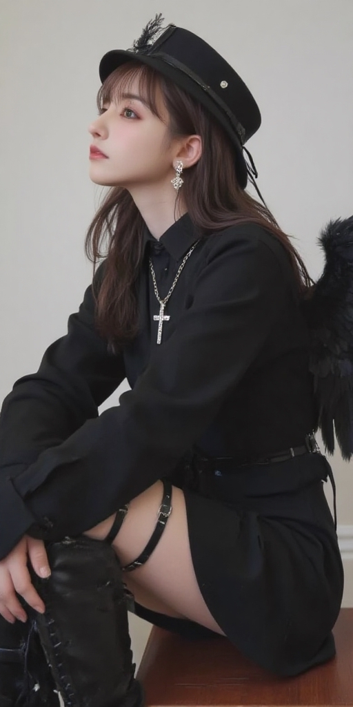 A 1girl with long hair and sidelocks is sitting