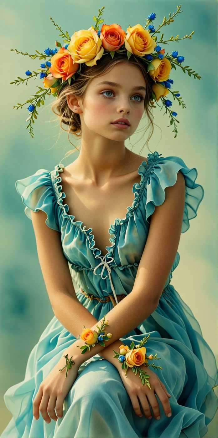 European woman in an airy blue dress with ruffles