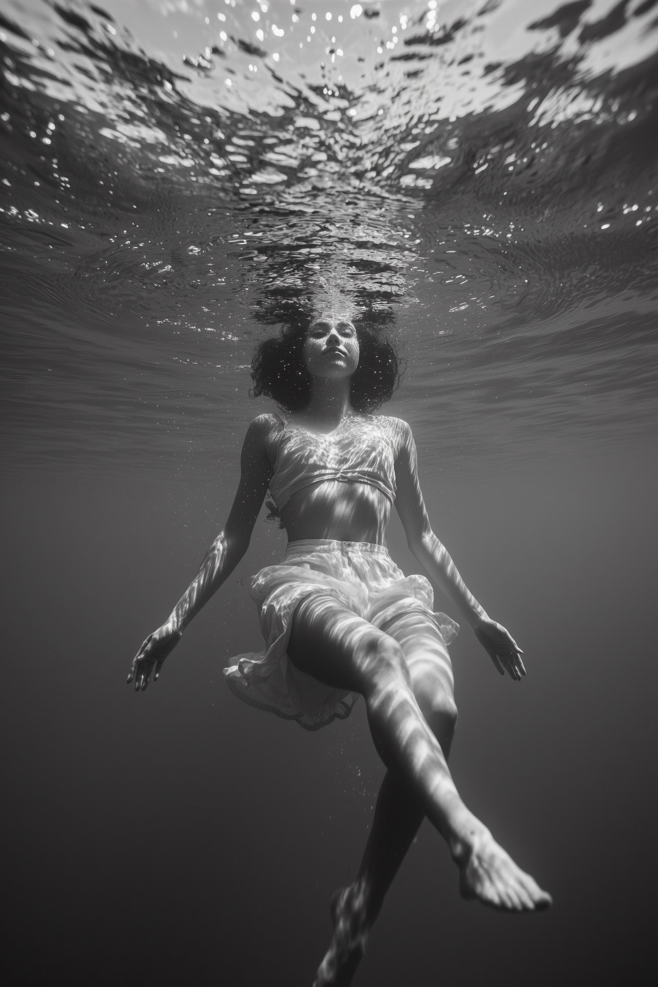 A black-and-white underwater scene of a person floating gracefully