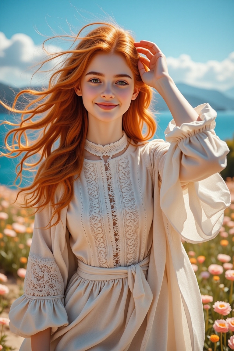A young girl with beautiful red hair walks in