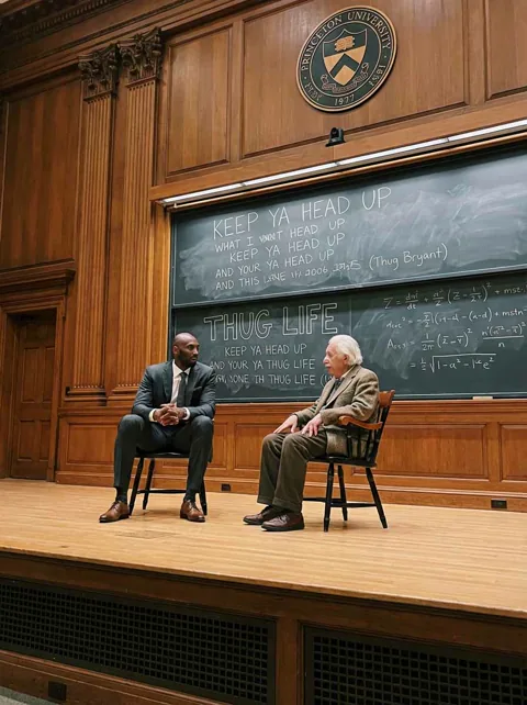 Kobe Bryant and Albert Einstein are in an auditorium