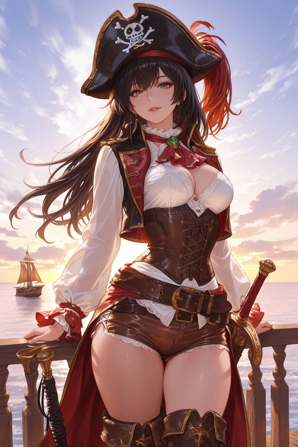A young female pirate captain with clear black eyes