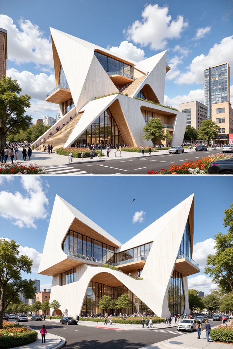 Cinematic architectural rendering of an avant-garde community center building