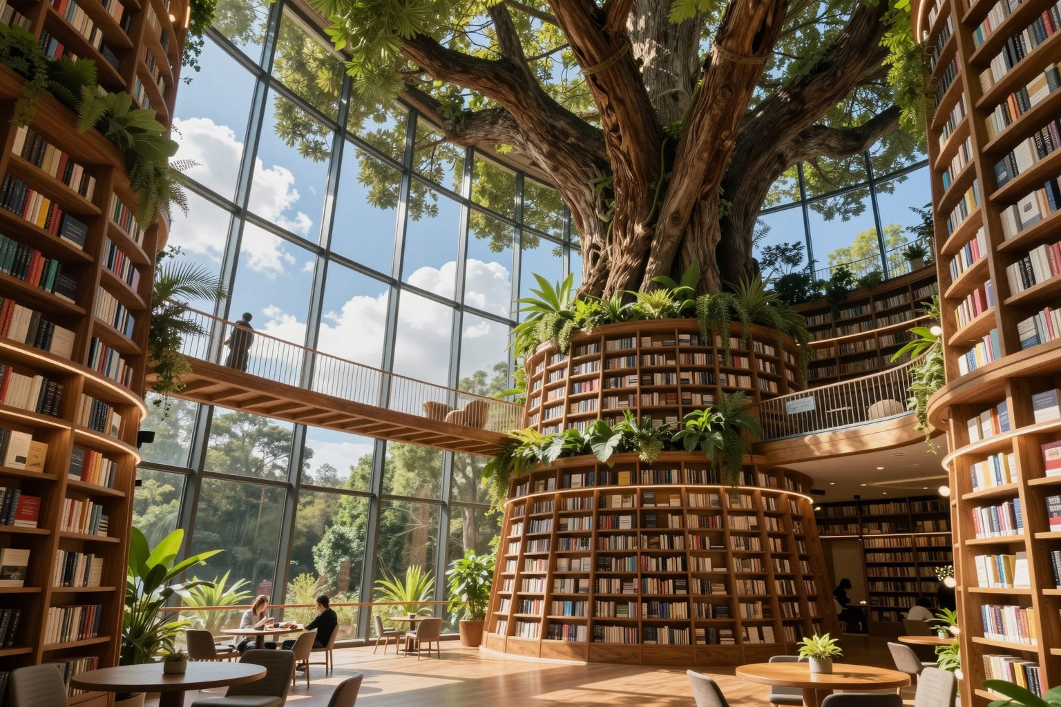 A magnificent library harmoniously integrated with nature