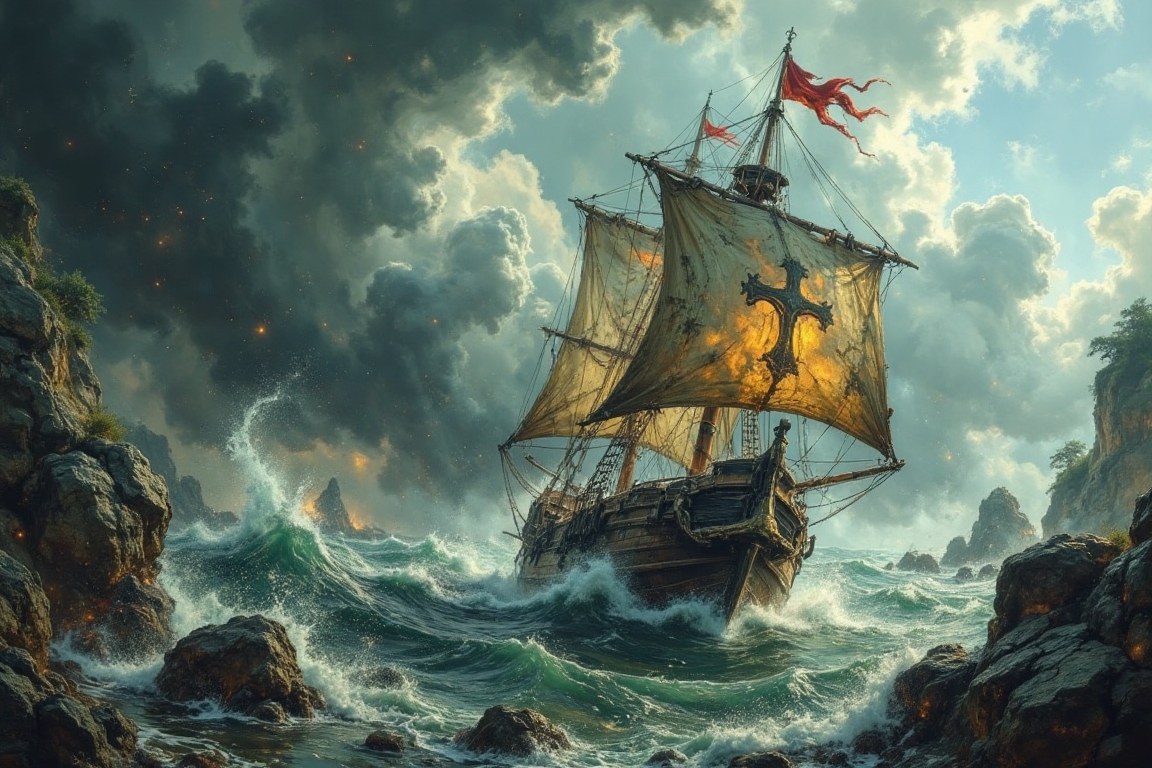 A 16th-century caravel sails along a rocky coastline