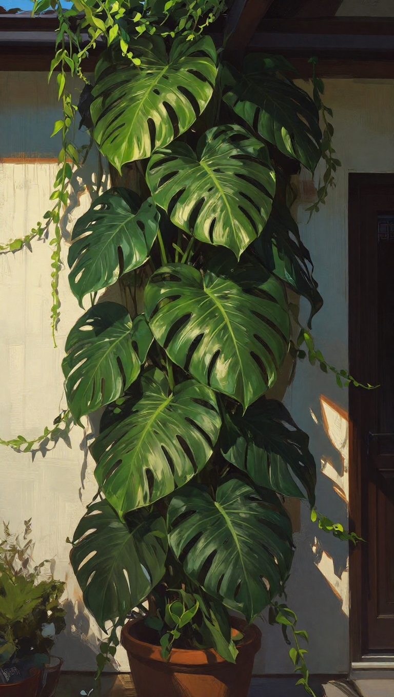 A tall and big monstera deliciosa plant climbing a